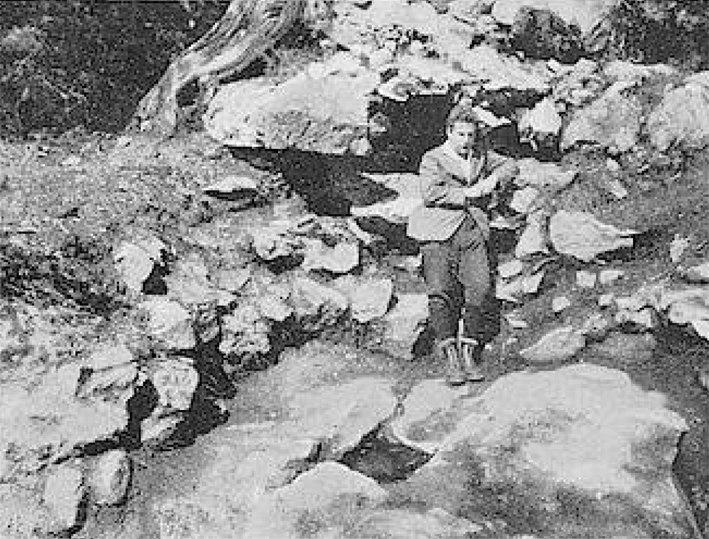 Blick in
              das Innere des Nordturmes. Im Vordergrund die Felsplatte
              mit der rechteckigen Vertiefung. Im Hintergrund
              Gumauerwerk. Phot. H. Lay.